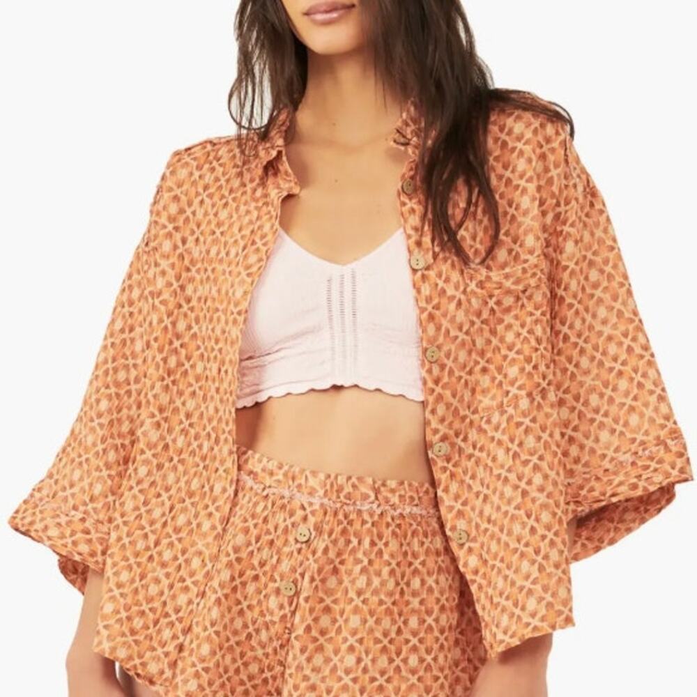 Free People Daydream Linen Cotton Oversized Breezy Button Front Blouse Medium